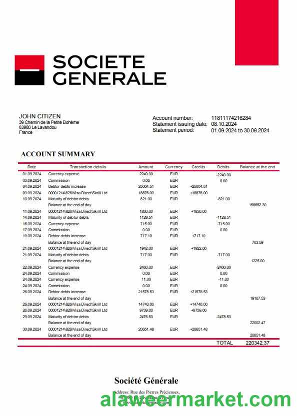 France Societe Generale bank statement template, Word and PDF format